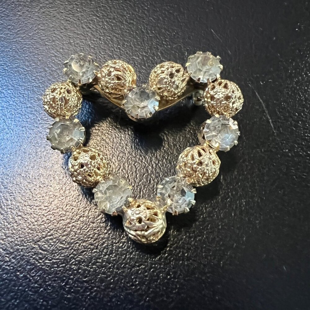 Vintage Heart Brooch Gold Tone Filigree Beads Clear Rhinestones Romantic Jewelry